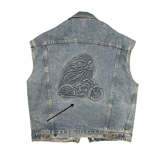 Embossed Motorcycle Eagle Blue Denim Vintage Jean Jacket Tyca USA Union Made L - Picture 3 of 5